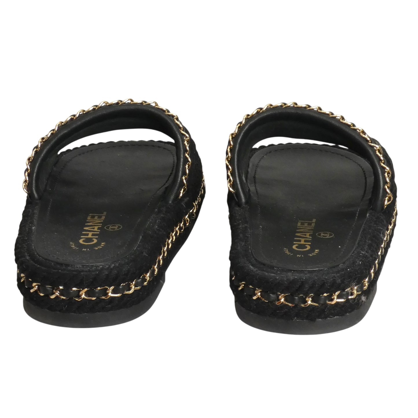 CHANEL- Black Rope & Chain "CC" Slides, Size 36