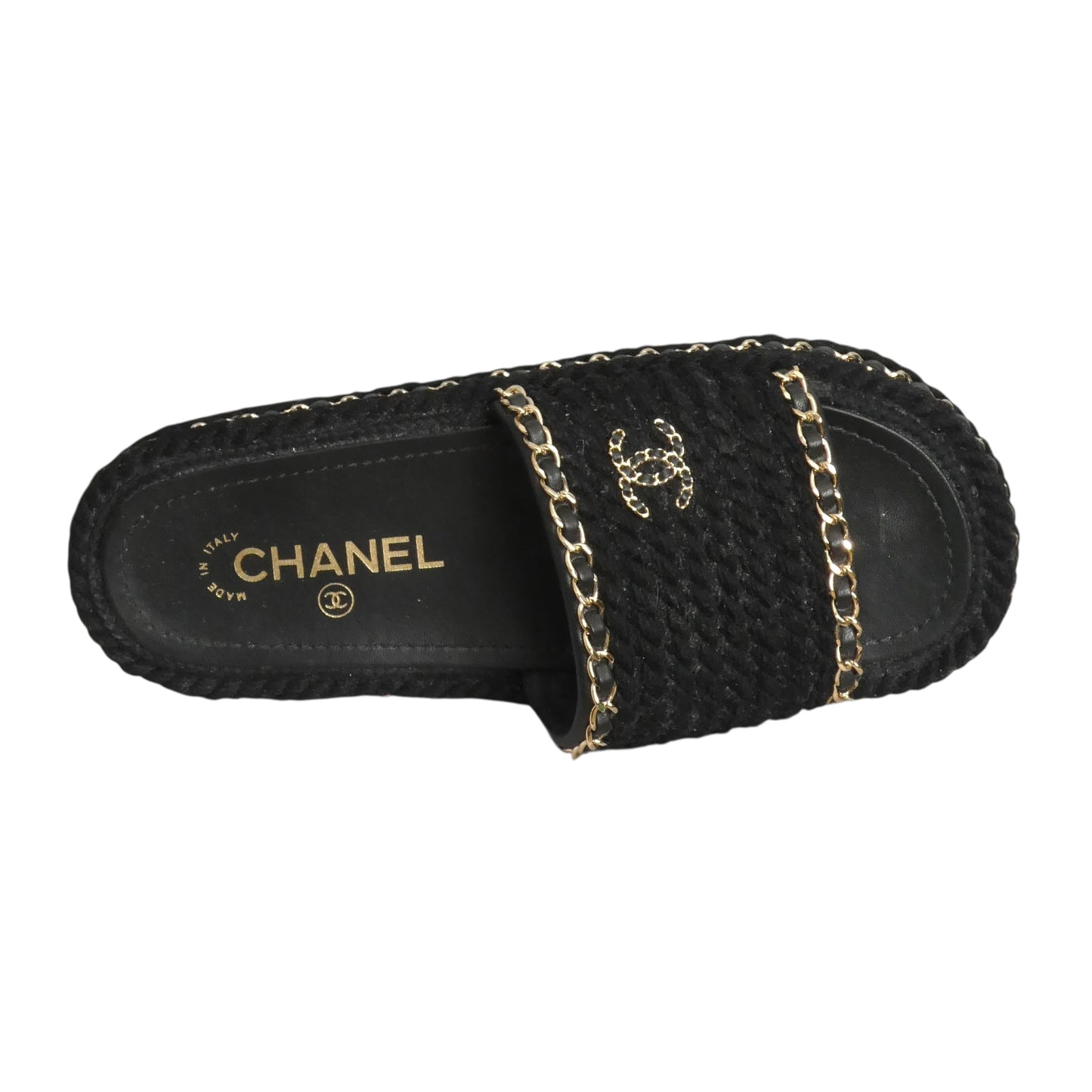 CHANEL- Black Rope & Chain "CC" Slides, Size 36