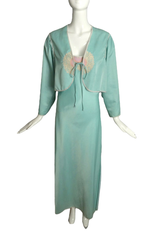 BILL TICE- 1970s 2pc Sateen Knit Nightgown & Bed Jacket, Size 4