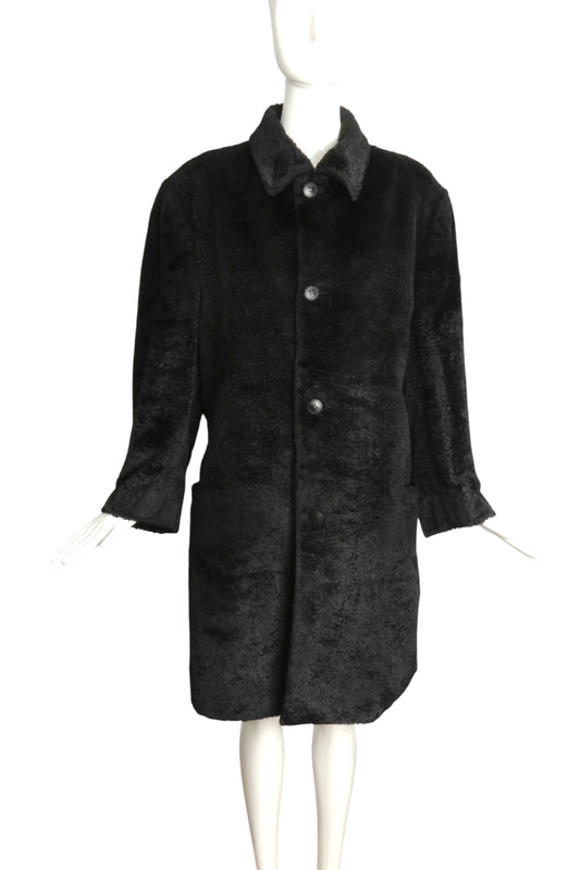 GIANNI VERSACE- 1990s Black Faux Fur Coat, Size 10