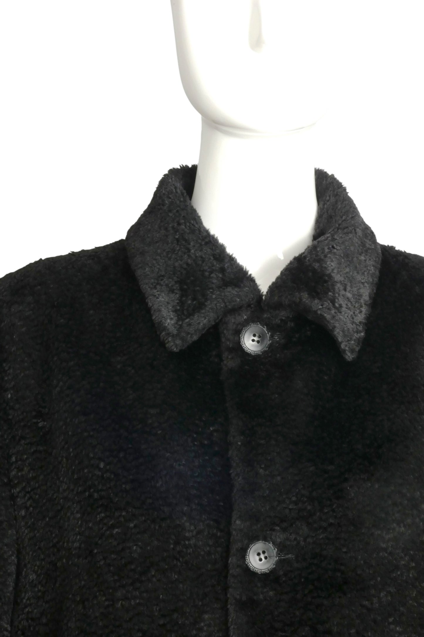 GIANNI VERSACE- 1990s Black Faux Fur Coat, Size 10
