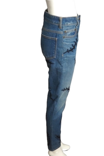 MOSCHINO COUTURE- NWT 2020 Embroidered Denim Stitches Jeans, Size 6