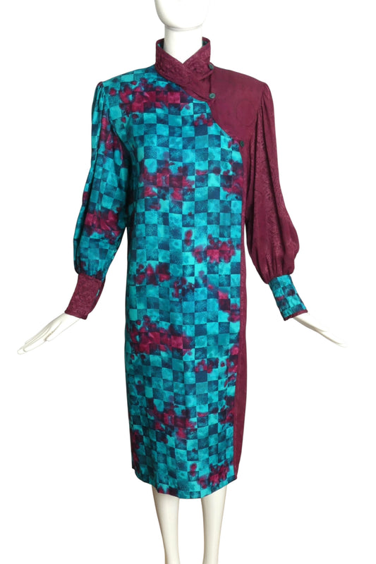 JEANNE MARC- 1980s Multi Color Jacquard Rayon Dress, Size 8