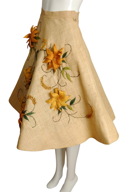 1950s Floral Straw Summer Skirt, Size 2