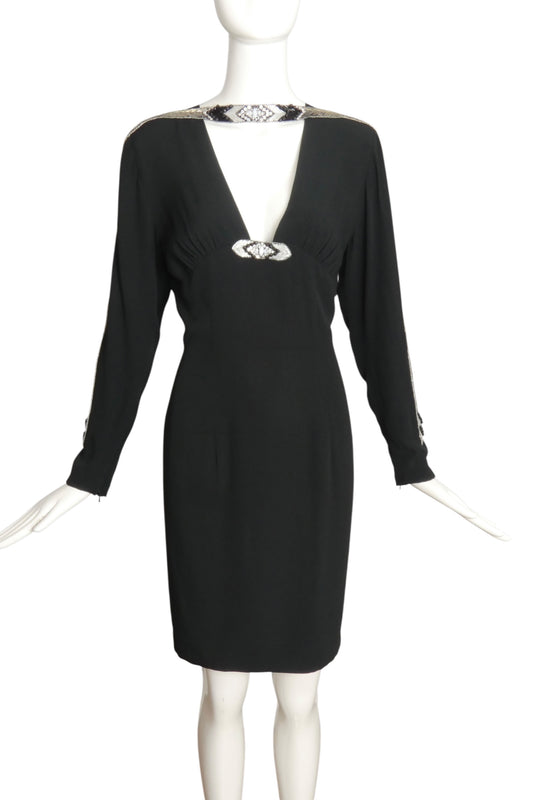 BOB MACKIE- 1990s Black Beaded Crepe Dress, Size 10