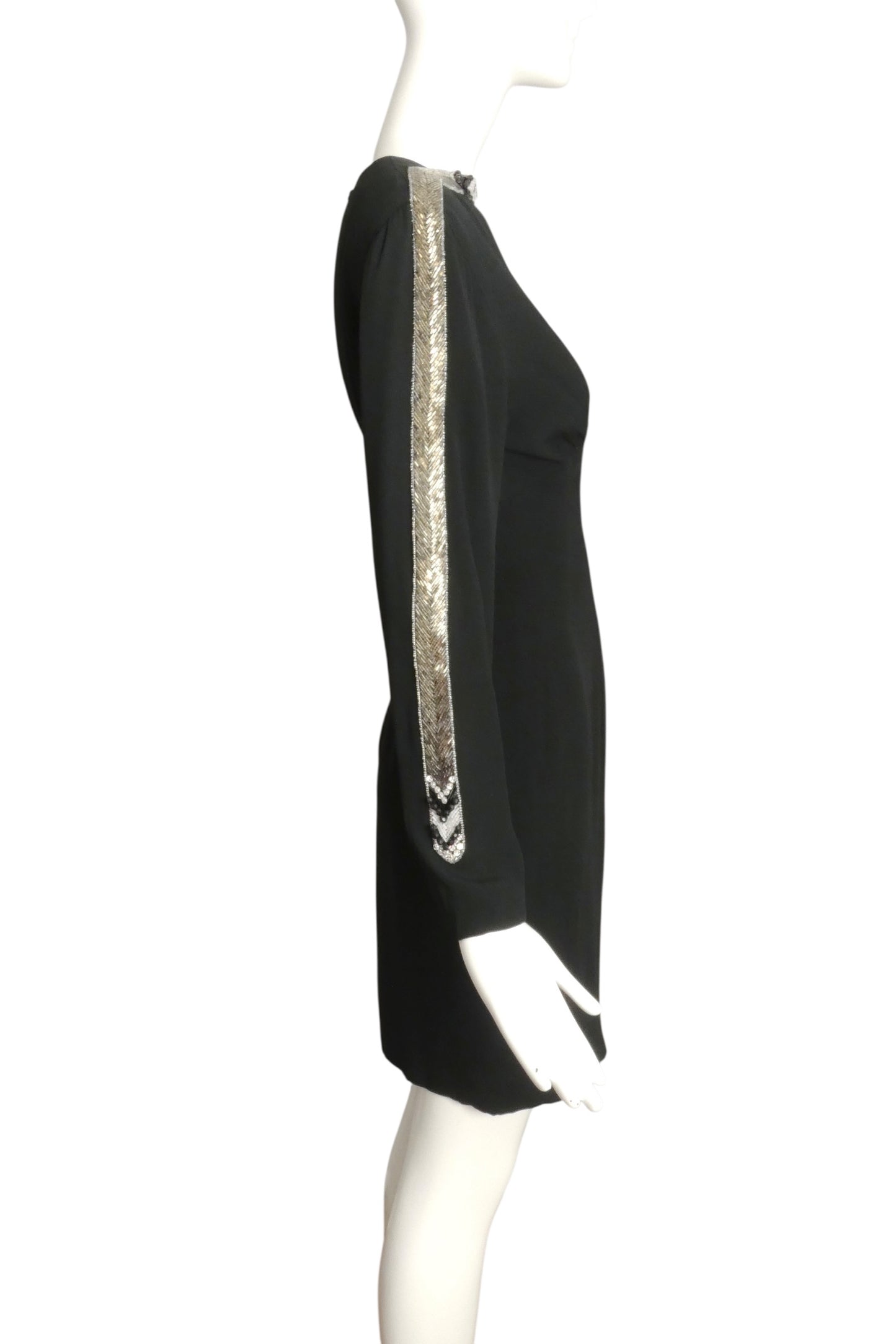 BOB MACKIE- 1990s Black Beaded Crepe Dress, Size 10