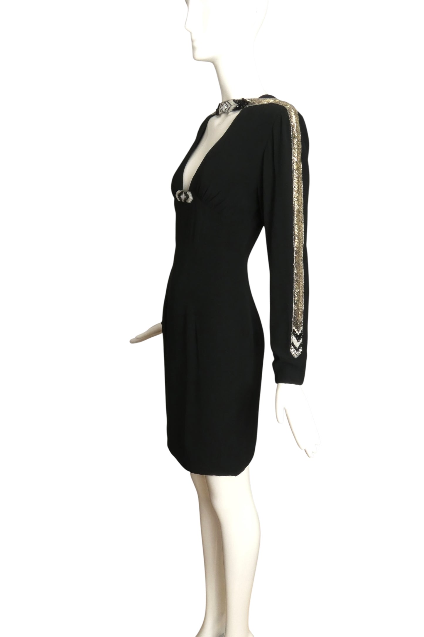 BOB MACKIE- 1990s Black Beaded Crepe Dress, Size 10
