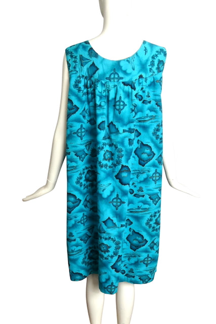 1960s Cotton Hawaiian Islands Print Dress, Size 8
