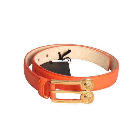 VERSACE- NWT Orange Leather Belt w/ Medusa Buckle, Waist 24