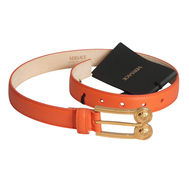 VERSACE- NWT Orange Leather Belt w/ Medusa Buckle, Waist 24