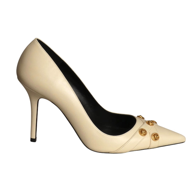 VERSACE- NIB Ivory Leather Medusa Spike Heel Pumps, Size 39