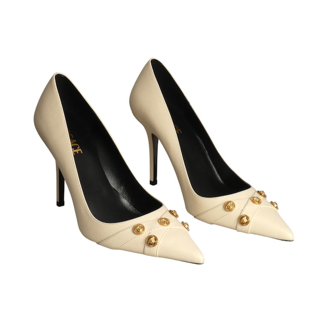 VERSACE- NIB Ivory Leather Medusa Spike Heel Pumps, Size 39