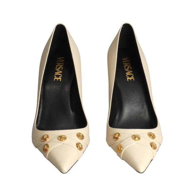VERSACE- NIB Ivory Leather Medusa Spike Heel Pumps, Size 39