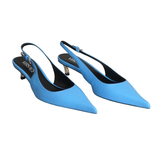 VERSACE- NIB Blue Leather Sling Back Pumps, Size 37.5