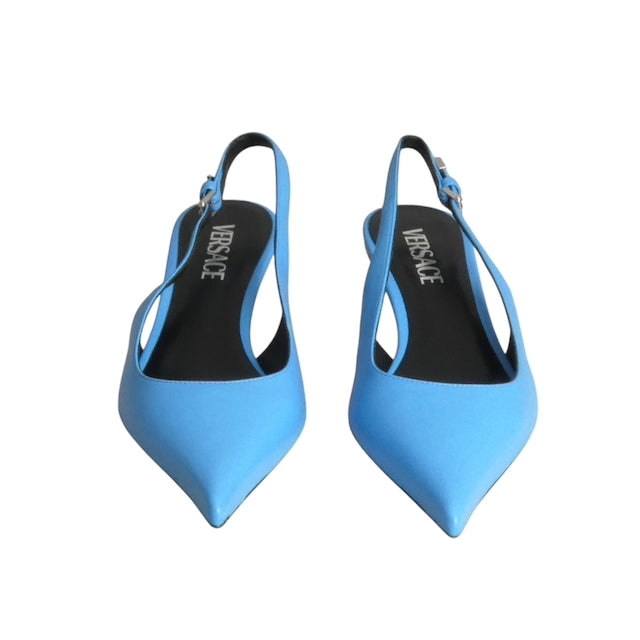 VERSACE- NIB Blue Leather Sling Back Pumps, Size 37.5