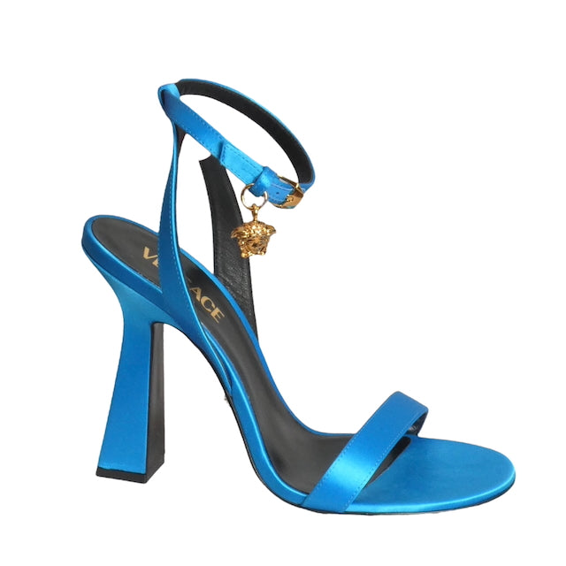 VERSACE- NIB Blue Satin Charm Sandals, Size 40