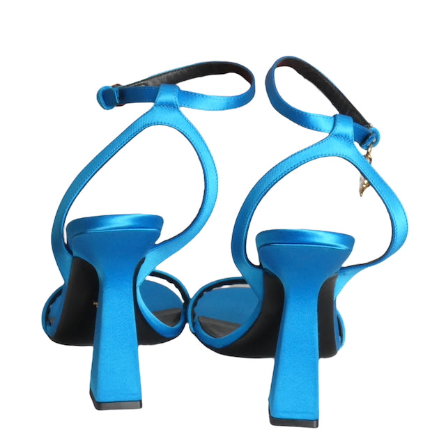 VERSACE- NIB Blue Satin Charm Sandals, Size 40