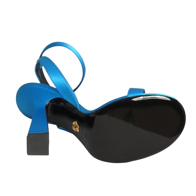 VERSACE- NIB Blue Satin Charm Sandals, Size 40