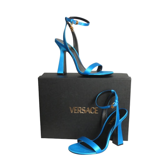 VERSACE- NIB Blue Satin Charm Sandals, Size 40