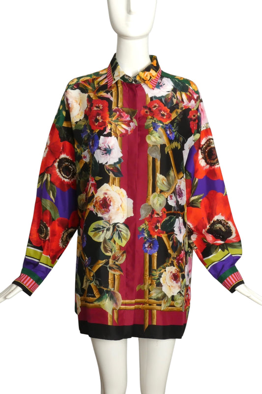 DOLCE & GABBANA- 2024 Oversized Floral Silk L/S Blouse, Size 8