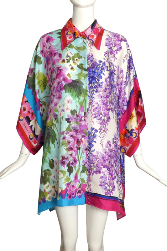 DOLCE & GABBANA- Oversized Floral Silk S/S Blouse, Size 8
