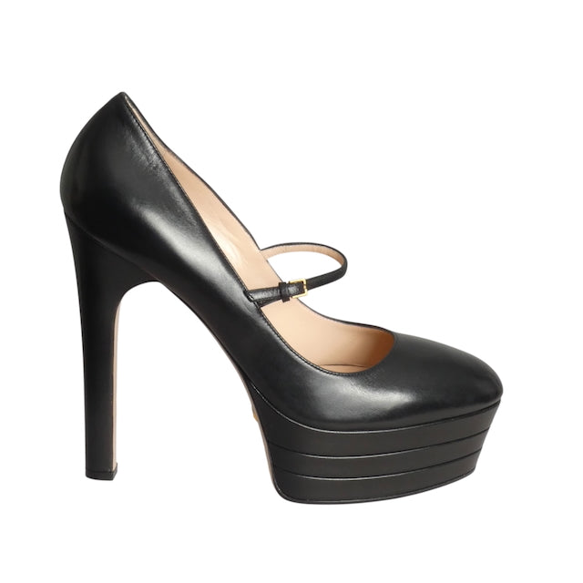 GUCCI- NIB Black Leather Malaga Angel Platforms, Size 41