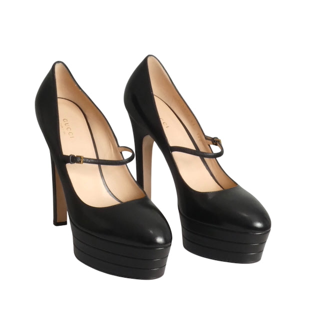 GUCCI- NIB Black Leather Malaga Angel Platforms, Size 41