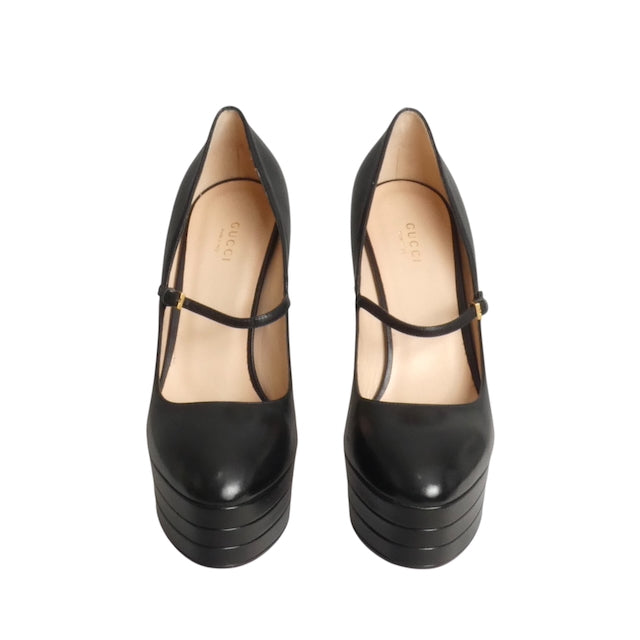GUCCI- NIB Black Leather Malaga Angel Platforms, Size 41