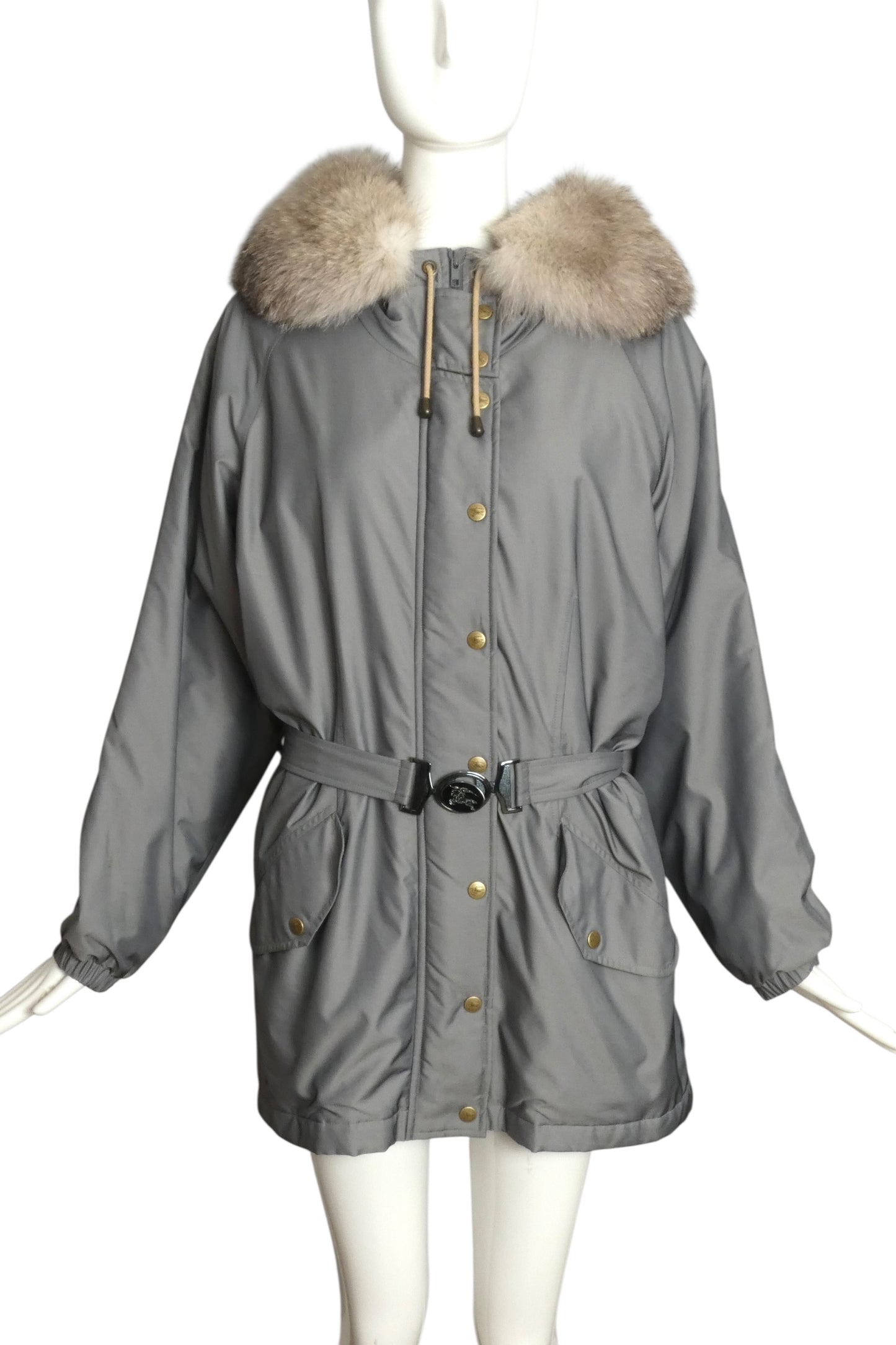 BURBERRY- Gray Nylon & Fur Trim Coat, Size Medium