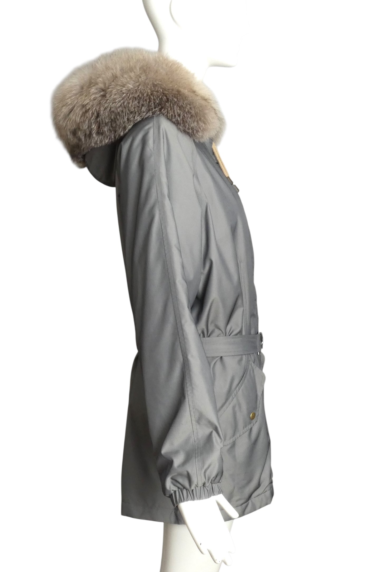 BURBERRY- Gray Nylon & Fur Trim Coat, Size Medium