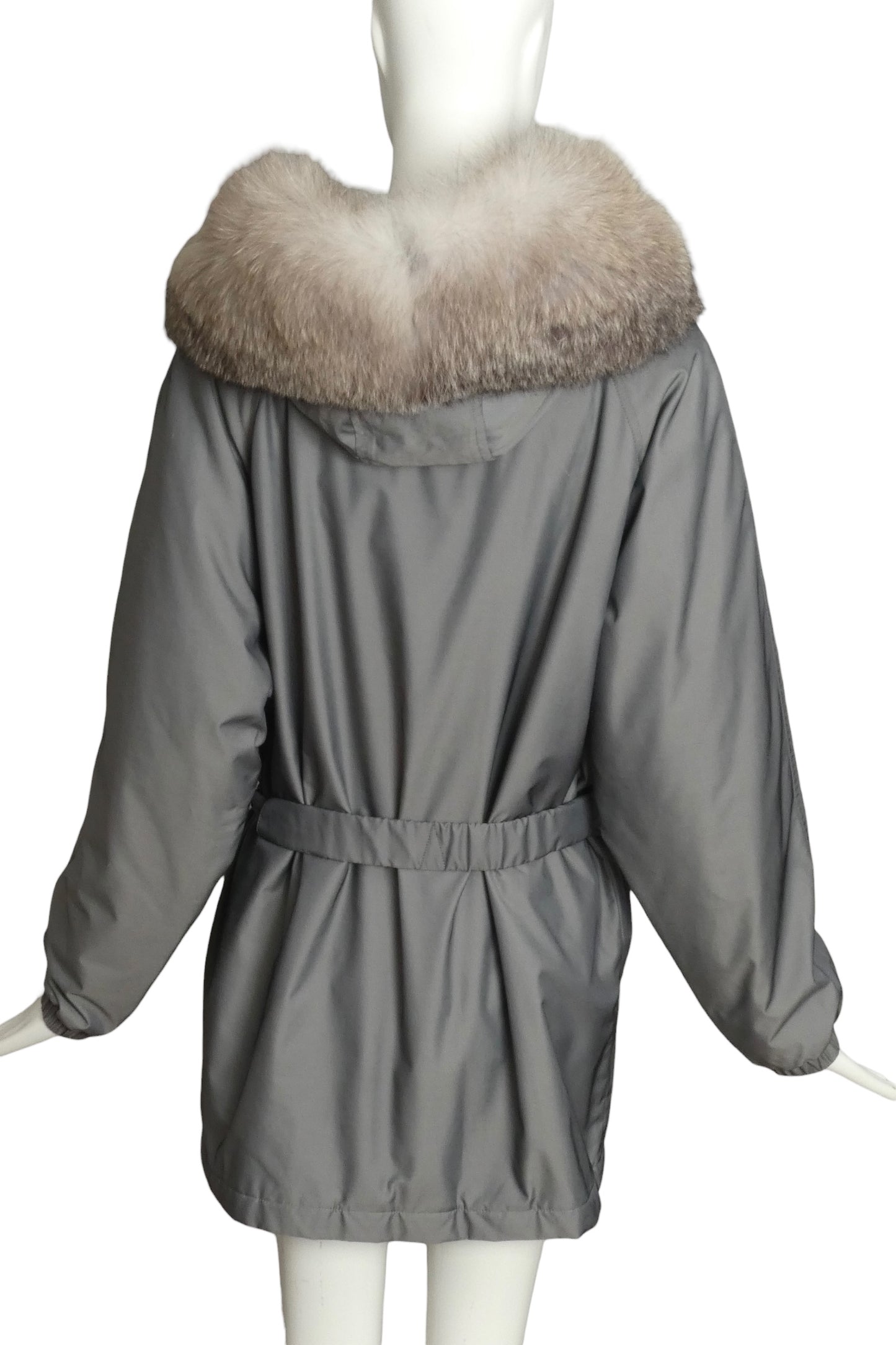 BURBERRY- Gray Nylon & Fur Trim Coat, Size Medium