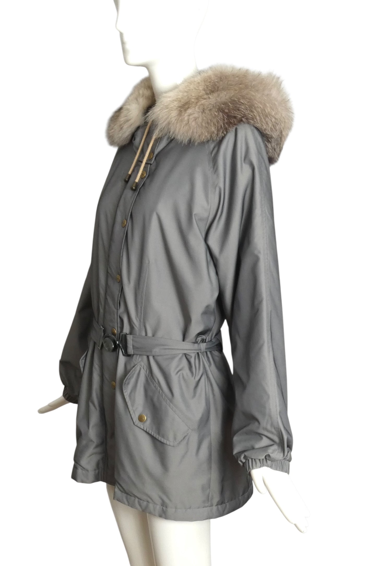 BURBERRY- Gray Nylon & Fur Trim Coat, Size Medium
