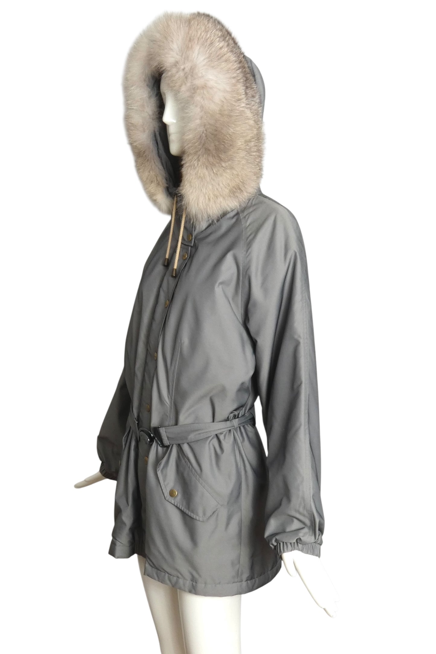 BURBERRY- Gray Nylon & Fur Trim Coat, Size Medium