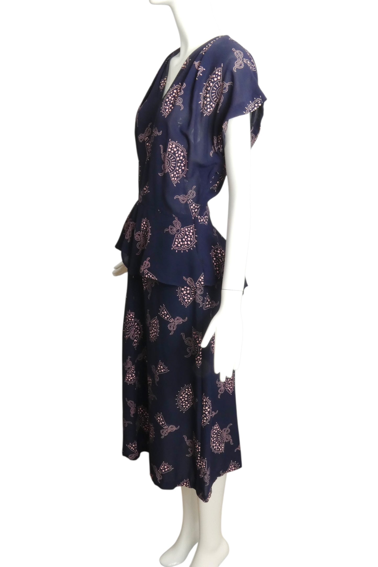 1940s Blue Printed Crepe Peplum Dress, Size 12