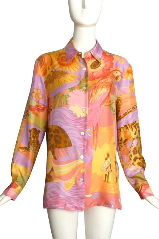 SALVATORE FERRAGAMO- 1990s Silk Tropical Print Blouse, Size 8