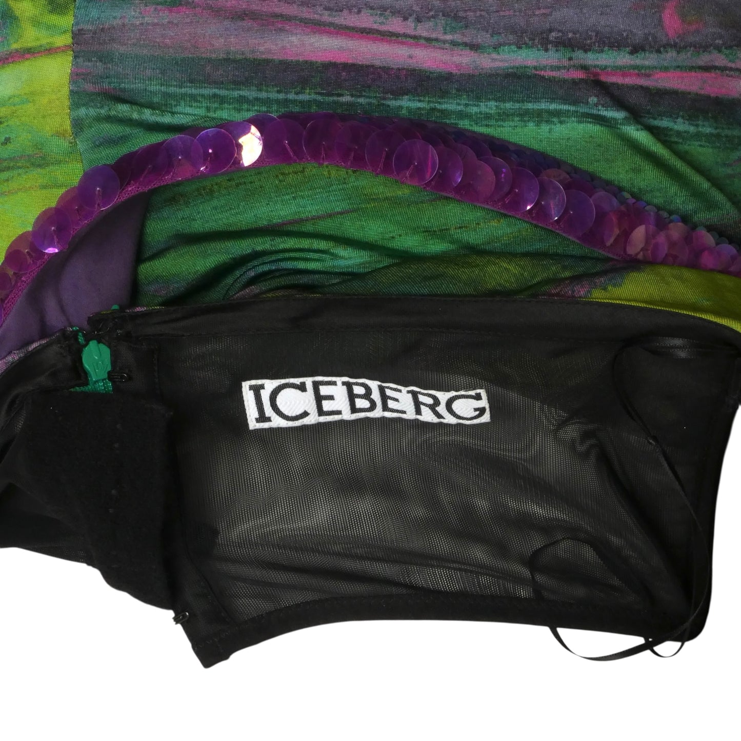 ICEBERG- Printed Knit & Sequin One Shoulder Dress, Size 8