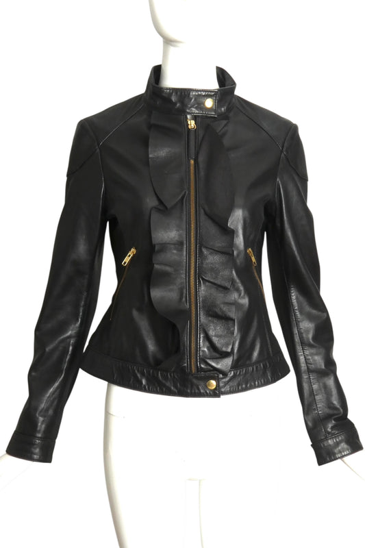 CHEAP & CHIC MOSCHINO- NWT Black Ruffle Leather Jacket, Size 6