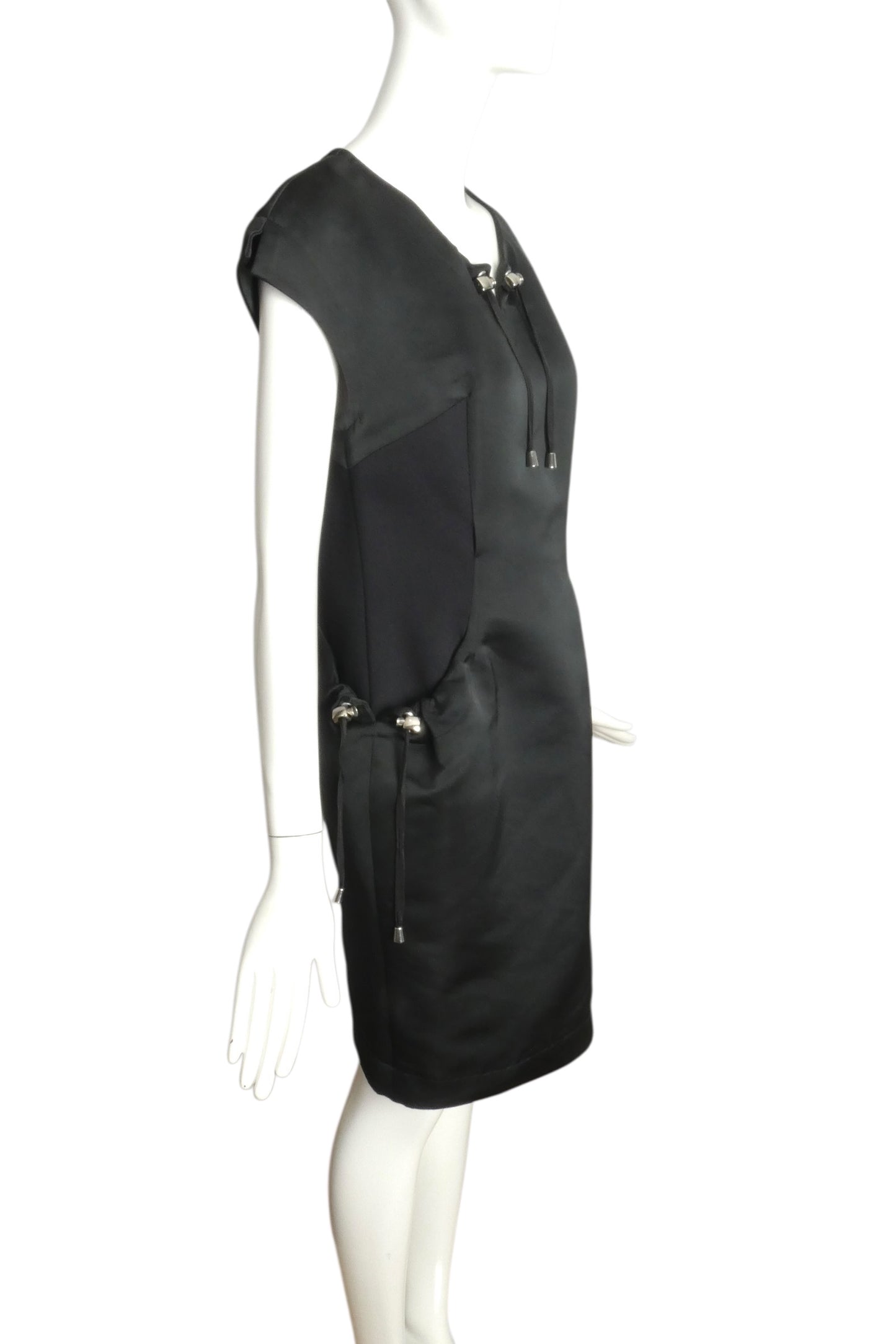 JC DE CASTELBAJAC- NWT Black Satin Drawstring Dress, Size 10