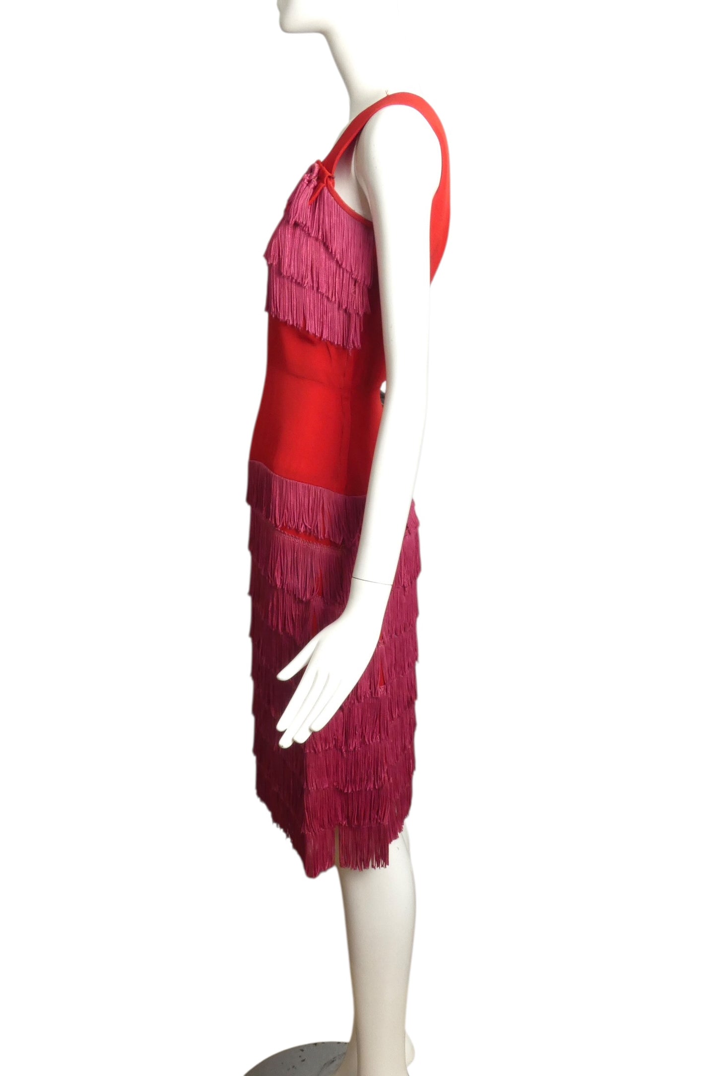 1950s Red & Pink Fringed Crepe Dress, Size 6