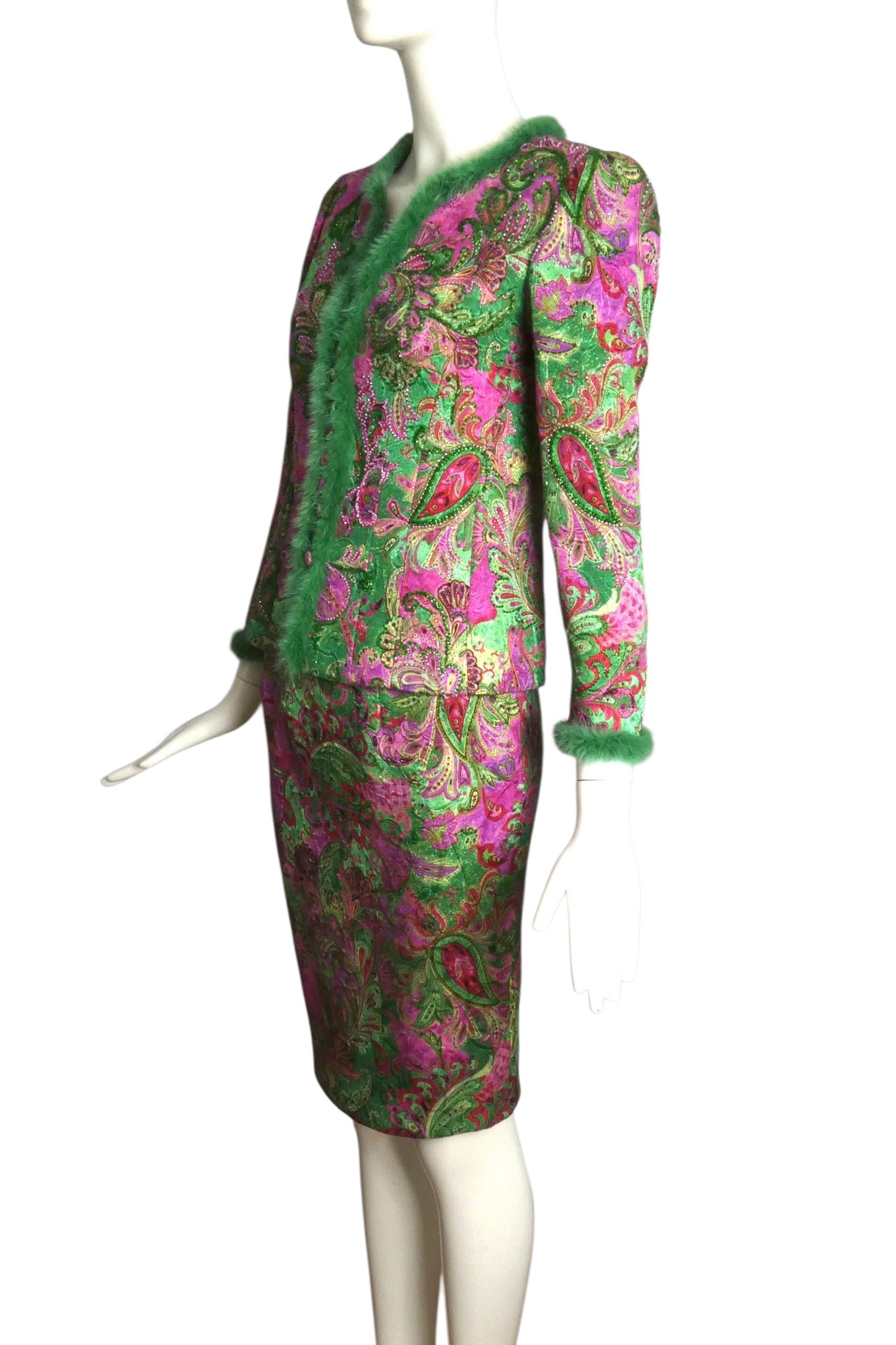 FE ZANDI- 1990s Brocade & Fur Trimmed Skirt Suit, Size 2