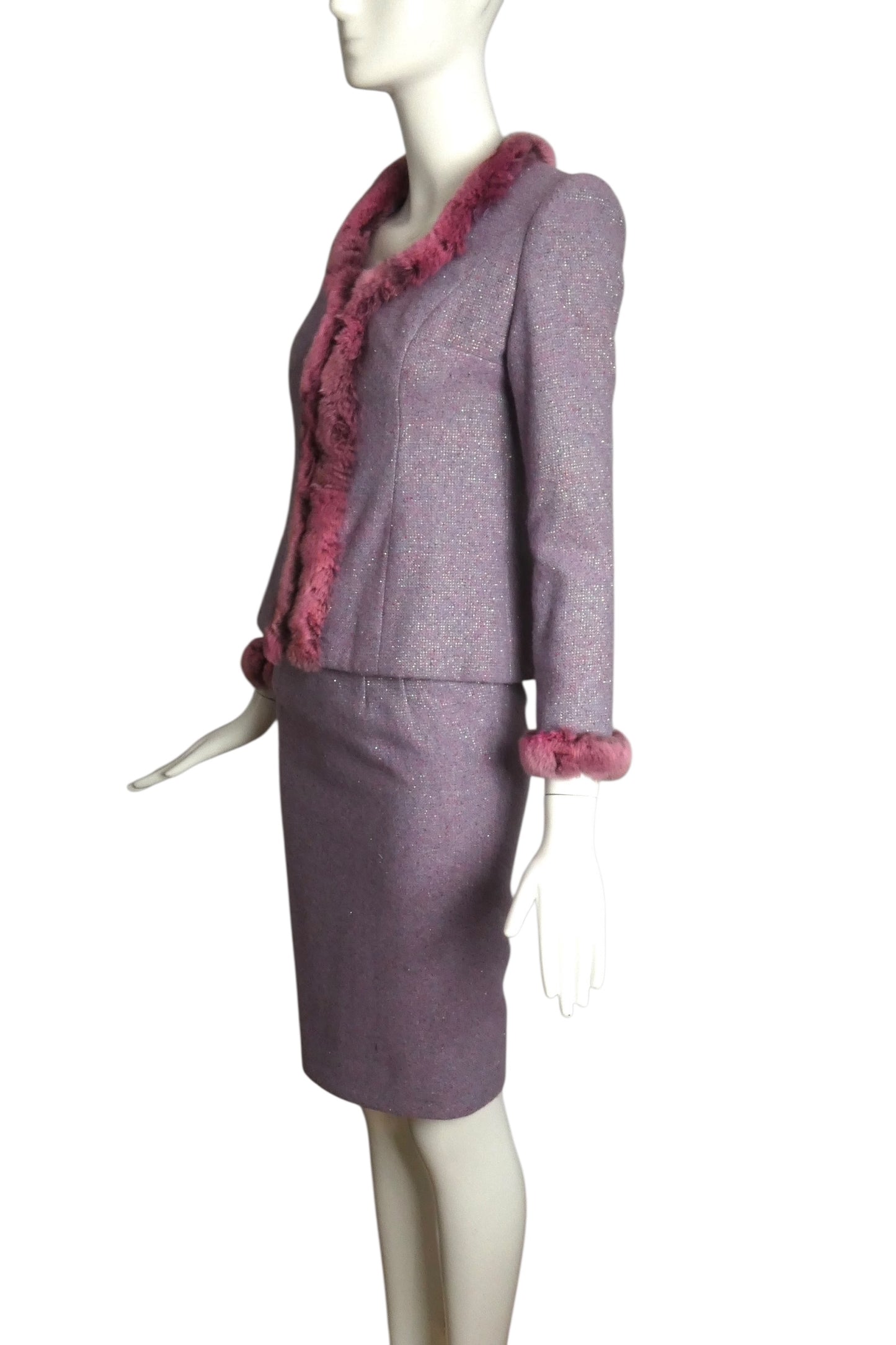 MIRELLA CAVORSO- 2013 Lavender Wool & Fur Trimmed Skirt Suit, Size 2