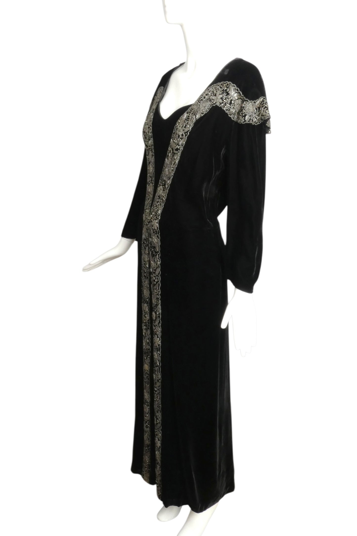 1930s Black Beaded Velvet Evening Gown, Size 10