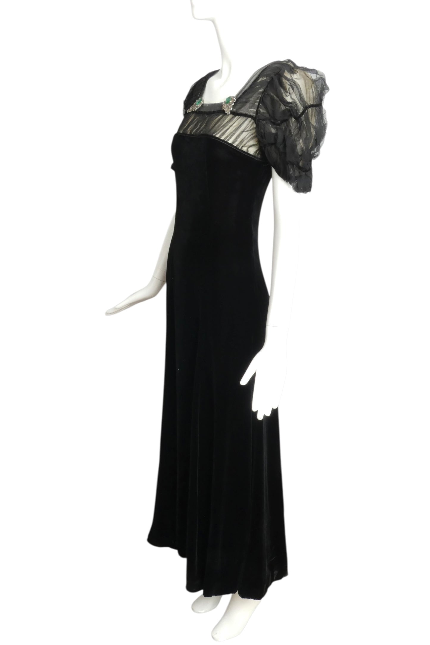 1930s Black Velvet & Chiffon Evening Gown, Size 2