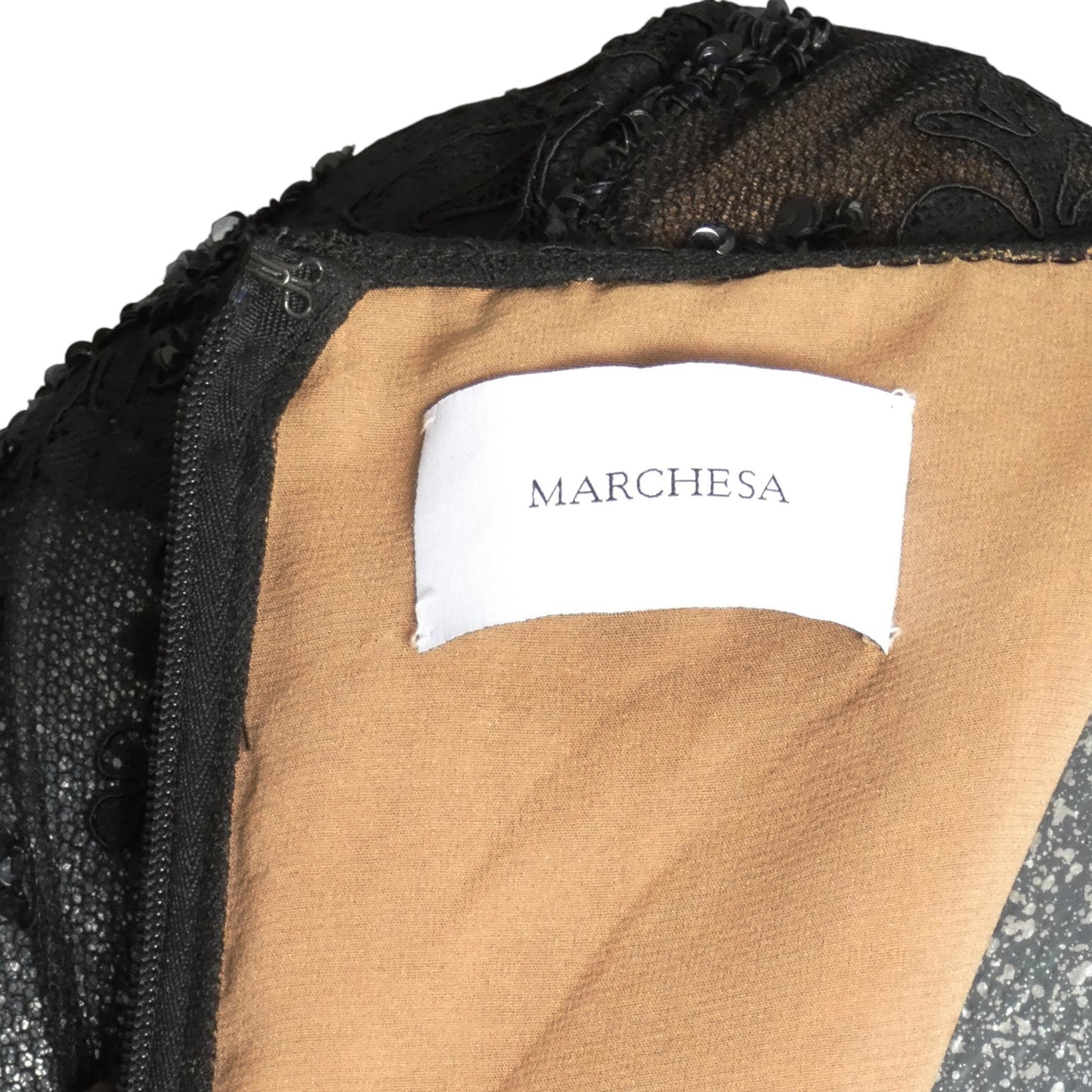 MARCHESA - Sequin & Feather Lace Dress, Size 6