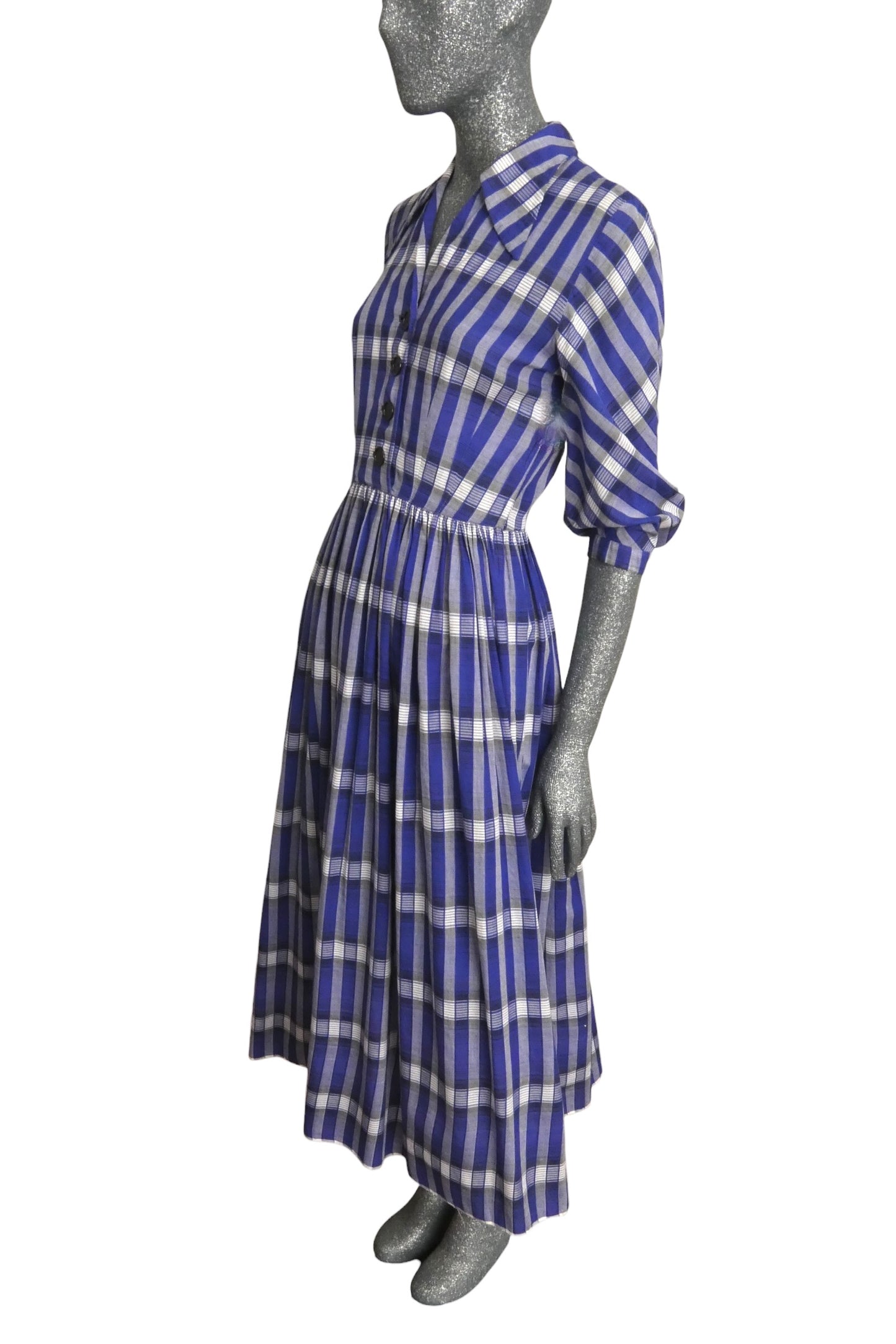 1940s Blue Cotton Plaid Dress, Size-2