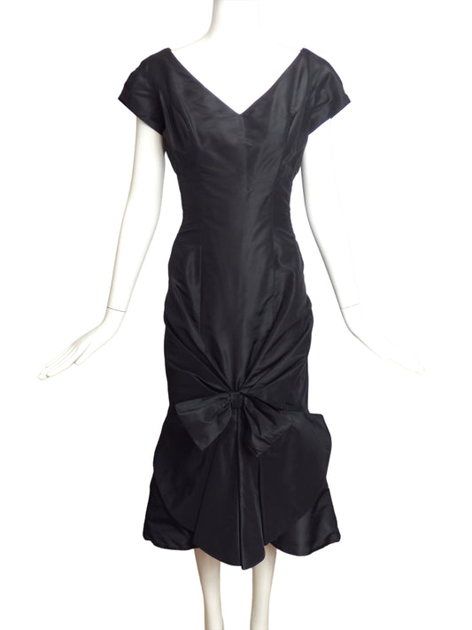 ROBERT MORTON-1950s Black Silk Bow Cocktail Dress, Size 6