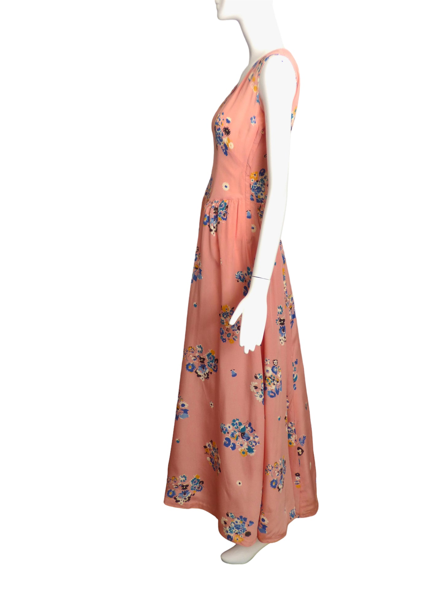 1940s Pink Floral Silk Evening Dress, Size-4