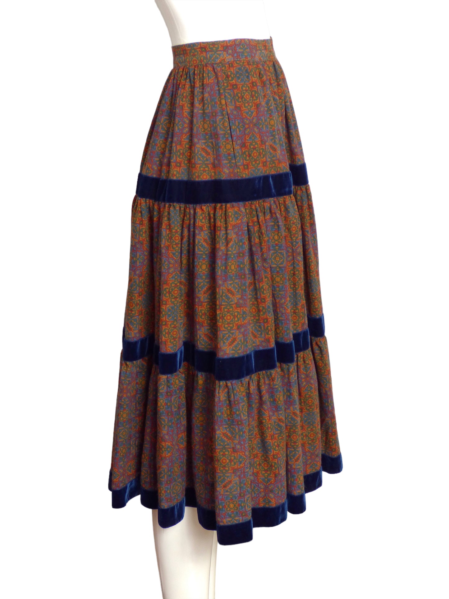YVES SAINT LAURENT- 1980s Wool Print & Velvet Skirt, Size 4