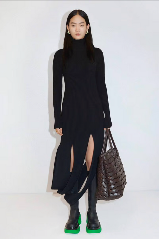BOTTEGA VENETA- 2021 Black Slash Ribbed Knit Dress, Size Small