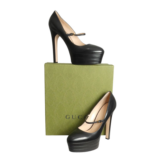 GUCCI- NIB Black Leather Malaga Angel Platforms, Size 41